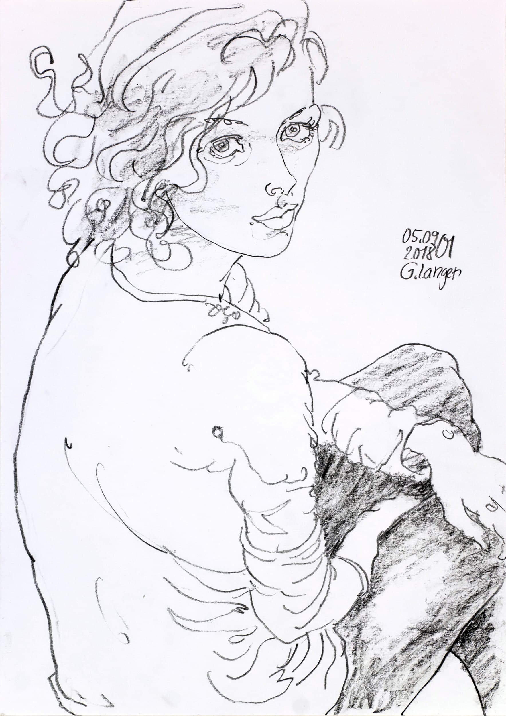Gunter Langer, Mädchen mit schwarzen Hosen, über die Schulter schauend, 2018, Zeichnung, Karton, 59 x 42 cm